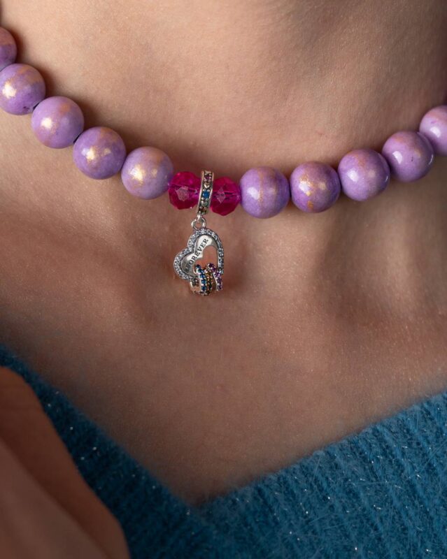 Handcrafted Amore Eterno Necklace featuring golden purple jade stones and a sterling silver pendant engraved with 'Per Sempre'