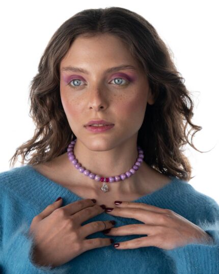 Handcrafted Amore Eterno Necklace featuring golden purple jade stones and a sterling silver pendant engraved with 'Per Sempre'