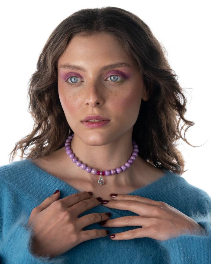 Handcrafted Amore Eterno Necklace featuring golden purple jade stones and a sterling silver pendant engraved with 'Per Sempre'
