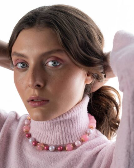 Rosé Necklace featuring natural pink jade stones, Swarovski crystals in rose and mulberry hues, and gold-tone plated craftsmanship