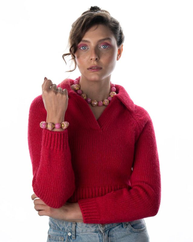 Ceramiqué Rose Jewelry Set featuring pink ceramics, pearls, and crystals in a necklace and bracelet pairing