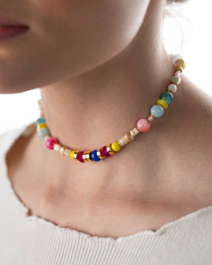 Boho 15 Necklace featuring 15 natural stones in multi-colored hues with a customizable name pendant and lobster clasp