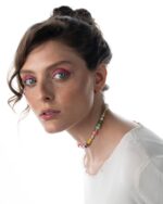Boho 15 Necklace featuring 15 natural stones in multi-colored hues with a customizable name pendant and lobster clasp