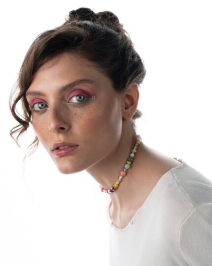 Boho 15 Necklace featuring 15 natural stones in multi-colored hues with a customizable name pendant and lobster clasp
