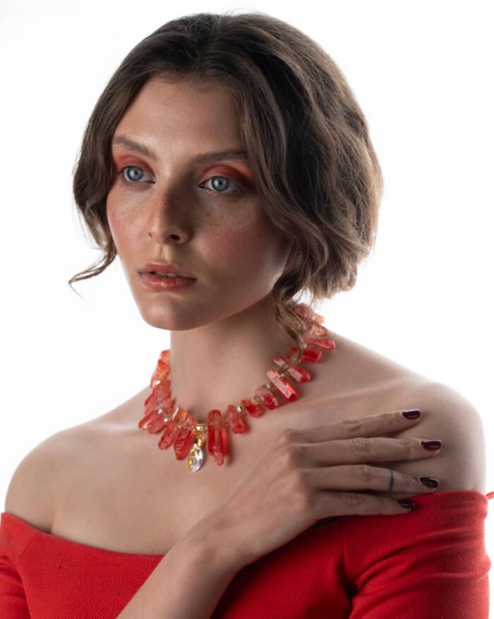 Handcrafted Radiance Necklace featuring chalcedony stones and gold-tone plated design with crystals