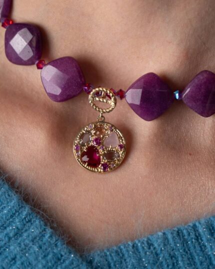 Handcrafted amethyst necklace Fior di Ametista with Swarovski crystals and gold-plated sterling silver