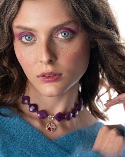 Handcrafted amethyst necklace Fior di Ametista with Swarovski crystals and gold-plated sterling silver