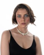 Verdelle Necklace featuring natural freshwater pearls, a pearl pendant, and Swarovski pastel green crystals