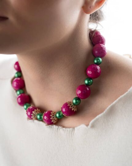 Handcrafted Emerald Blossom Necklace featuring fuchsia jade and emerald-inspired green crystals