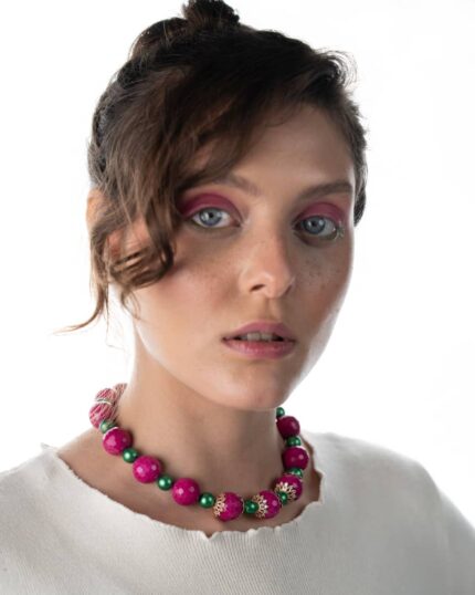 Handcrafted Emerald Blossom Necklace featuring fuchsia jade and emerald-inspired green crystals