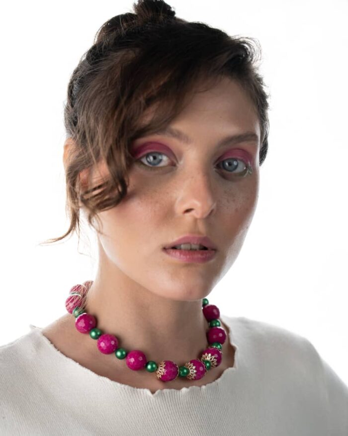 Handcrafted Emerald Blossom Necklace featuring fuchsia jade and emerald-inspired green crystals
