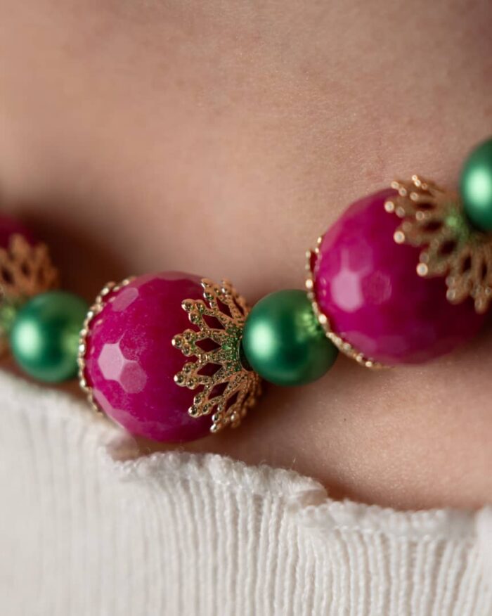 Handcrafted Emerald Blossom Necklace featuring fuchsia jade and emerald-inspired green crystals