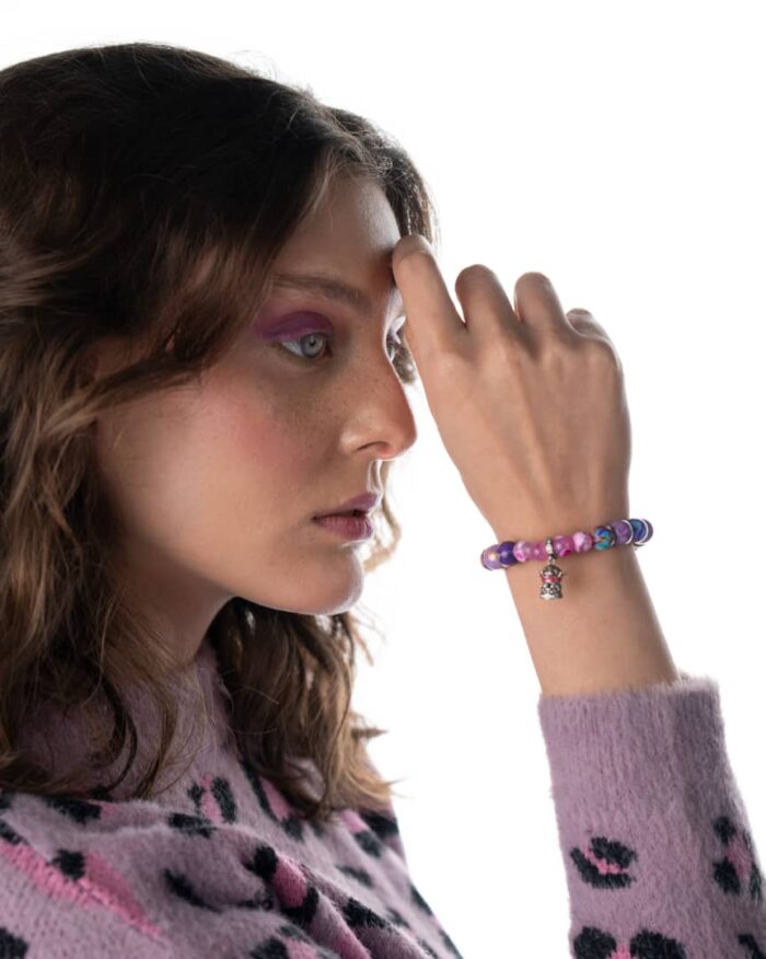 Handcrafted Piazza della Repubblica Bracelet with watercolor jade, golden purple jade, and amethyst gemstones