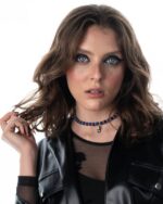 A handcrafted Egypt-Inspired Dark Blue Necklace featuring cat’s eye stones, Swarovski crystals, and black accents.